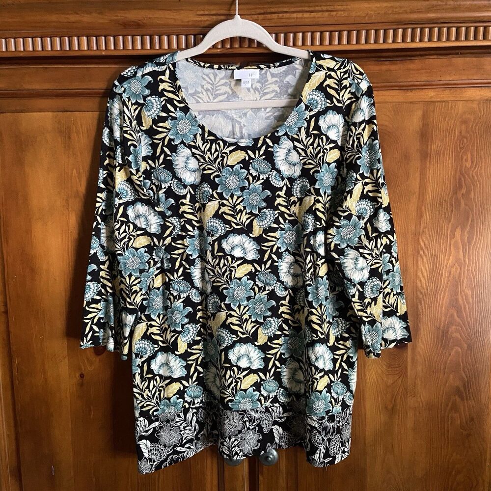 J. Jill Tunic Top Border-Printed Underlay Size Large Blue Leaf Floral 3/4 Sleeve